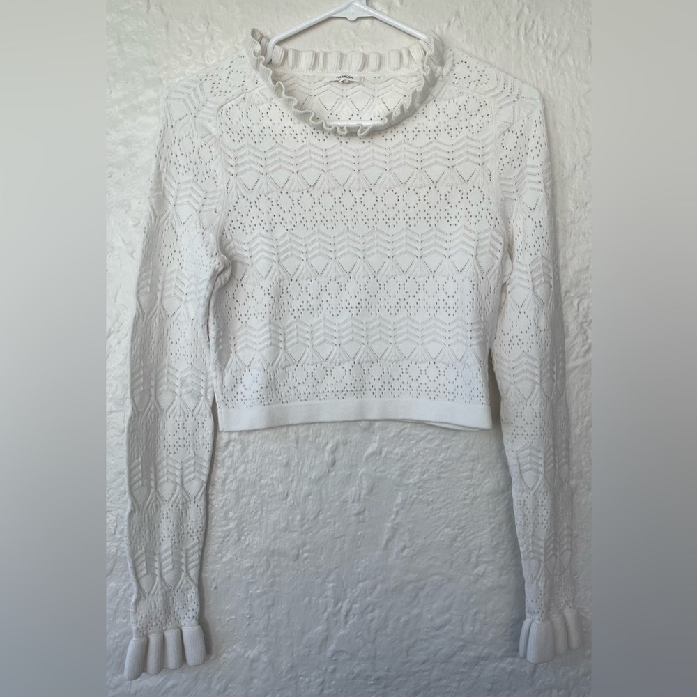 Tularosa Lana 100% nylon knit sweater, cream/white, ruffle neck, cropped; size S